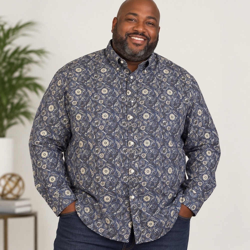 Roundtree & Yorke Mens 2XB Navy Paisley Button Down Shirt Cotton Big & Tall